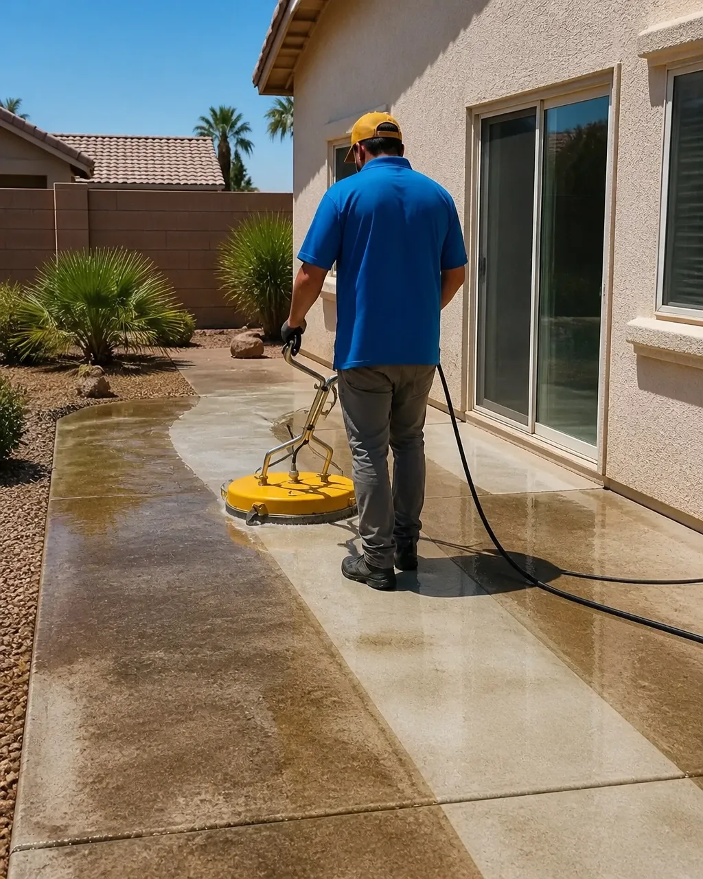 Controlled pressure washing creating a clean path across a residential concrete patio