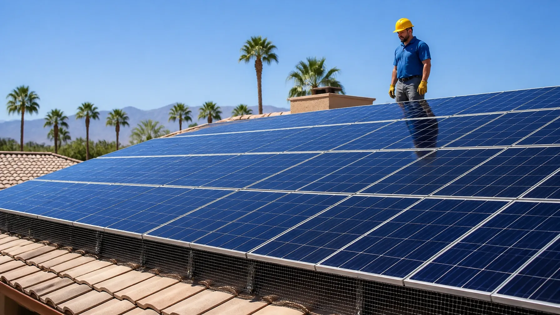 Clean residential solar array with a neat bird-proofing barrier after professional service in the Imperial Valley