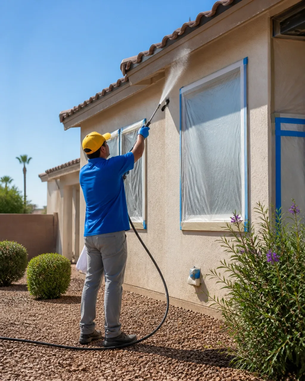 Technician using a controlled low-pressure method on stucco, eaves, and siding